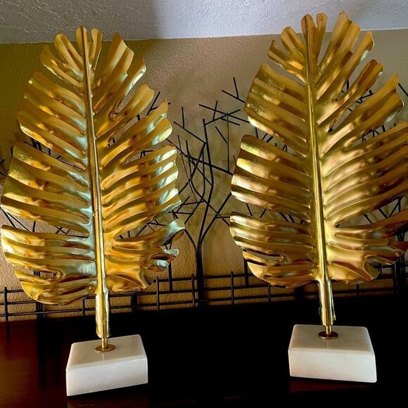 Gorgeous Gold Leaf Metal Decorative Set Leaves Marble Base 18 inch Statues x 2 - Picture 1 of 14